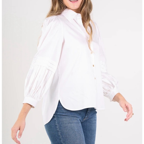 White 3/4 Sleeve Button Down Shirt with Pleated Design - Picture 2 of 16